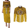 Personalized Hawthorn Hawks Couples Matching Puletasi and Long Sleeve Button Shirt Polynesian Tribal Pattern Heritage Football
