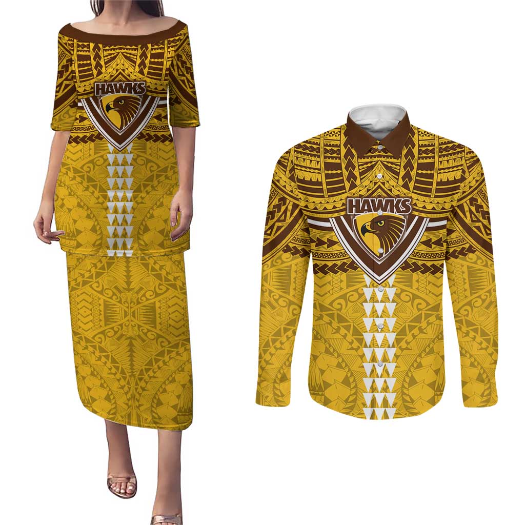 Personalized Hawthorn Hawks Couples Matching Puletasi and Long Sleeve Button Shirt Polynesian Tribal Pattern Heritage Football
