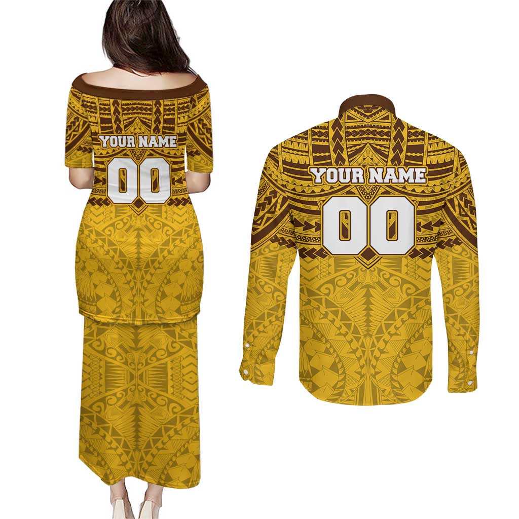 Personalized Hawthorn Hawks Couples Matching Puletasi and Long Sleeve Button Shirt Polynesian Tribal Pattern Heritage Football
