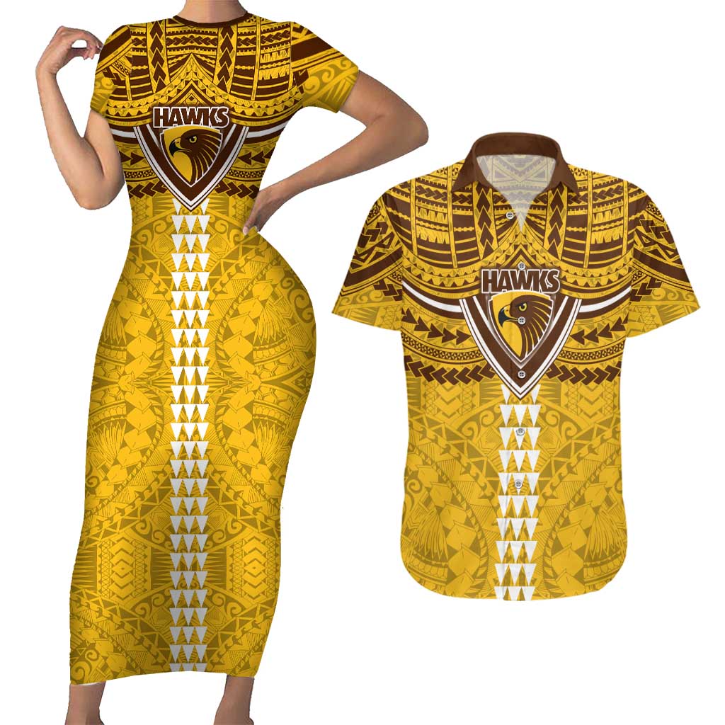 Personalized Hawthorn Hawks Couples Matching Short Sleeve Bodycon Dress and Hawaiian Shirt Polynesian Tribal Pattern Heritage Football