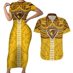 Personalized Hawthorn Hawks Couples Matching Short Sleeve Bodycon Dress and Hawaiian Shirt Polynesian Tribal Pattern Heritage Football