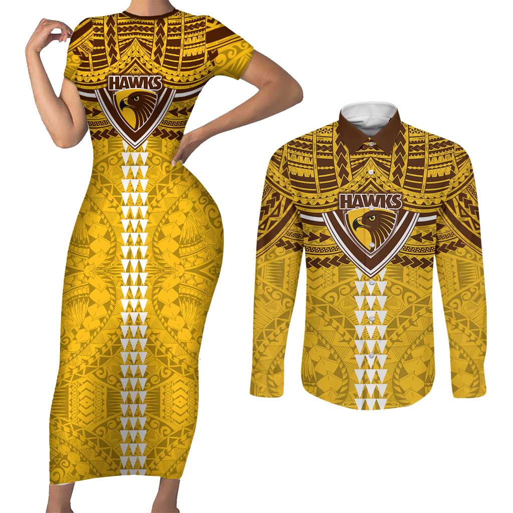 Personalized Hawthorn Hawks Couples Matching Short Sleeve Bodycon Dress and Long Sleeve Button Shirt Polynesian Tribal Pattern Heritage Football