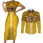 Personalized Hawthorn Hawks Couples Matching Short Sleeve Bodycon Dress and Long Sleeve Button Shirt Polynesian Tribal Pattern Heritage Football