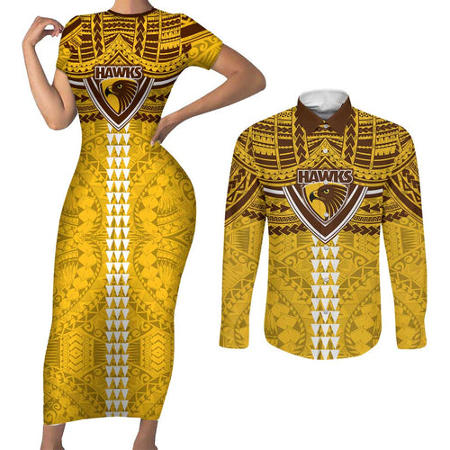 Personalized Hawthorn Hawks Couples Matching Short Sleeve Bodycon Dress and Long Sleeve Button Shirt Polynesian Tribal Pattern Heritage Football