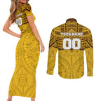 Personalized Hawthorn Hawks Couples Matching Short Sleeve Bodycon Dress and Long Sleeve Button Shirt Polynesian Tribal Pattern Heritage Football