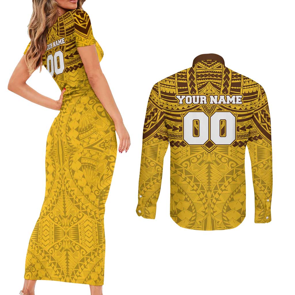 Personalized Hawthorn Hawks Couples Matching Short Sleeve Bodycon Dress and Long Sleeve Button Shirt Polynesian Tribal Pattern Heritage Football