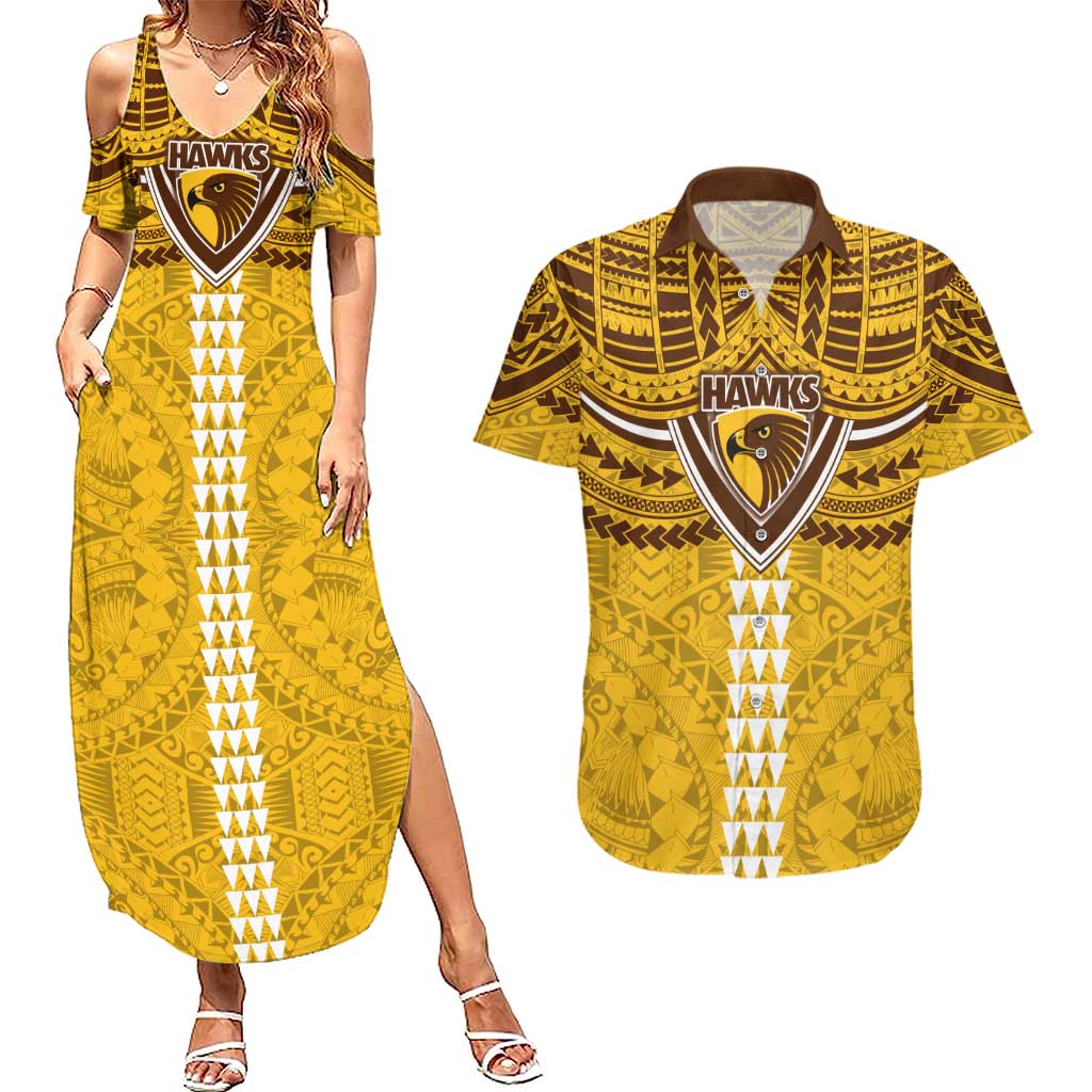 Personalized Hawthorn Hawks Couples Matching Summer Maxi Dress and Hawaiian Shirt Polynesian Tribal Pattern Heritage Football