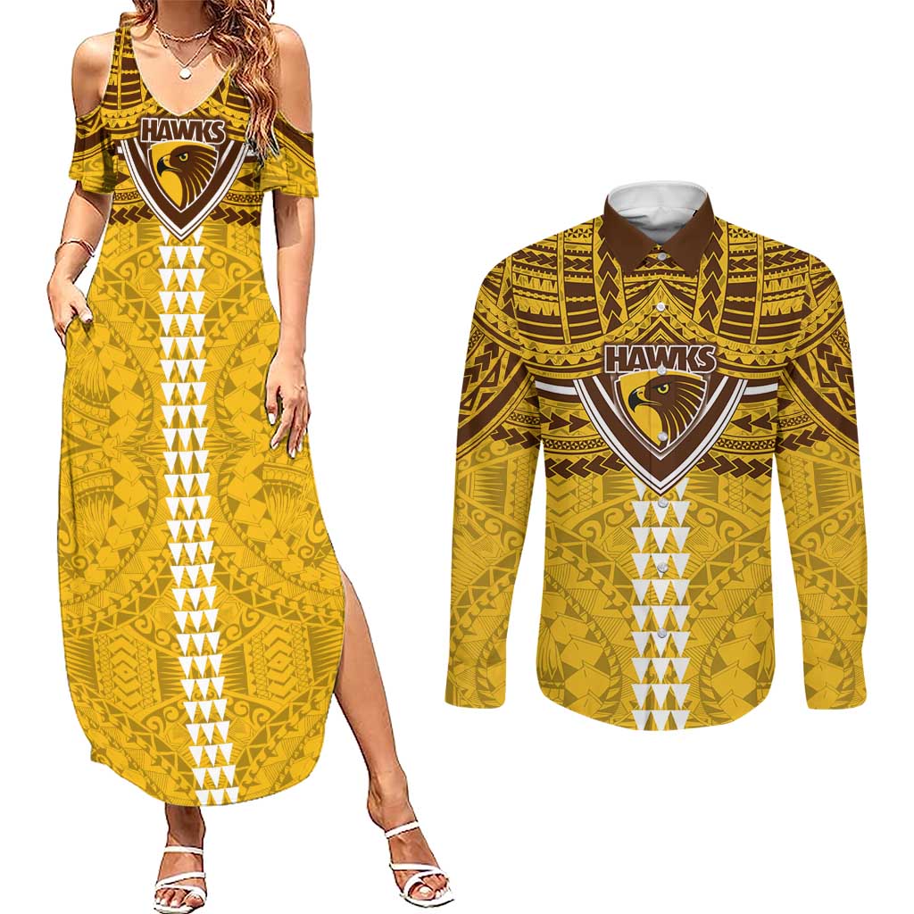 Personalized Hawthorn Hawks Couples Matching Summer Maxi Dress and Long Sleeve Button Shirt Polynesian Tribal Pattern Heritage Football