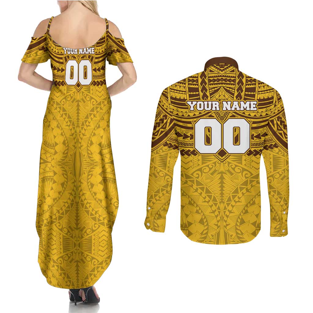 Personalized Hawthorn Hawks Couples Matching Summer Maxi Dress and Long Sleeve Button Shirt Polynesian Tribal Pattern Heritage Football