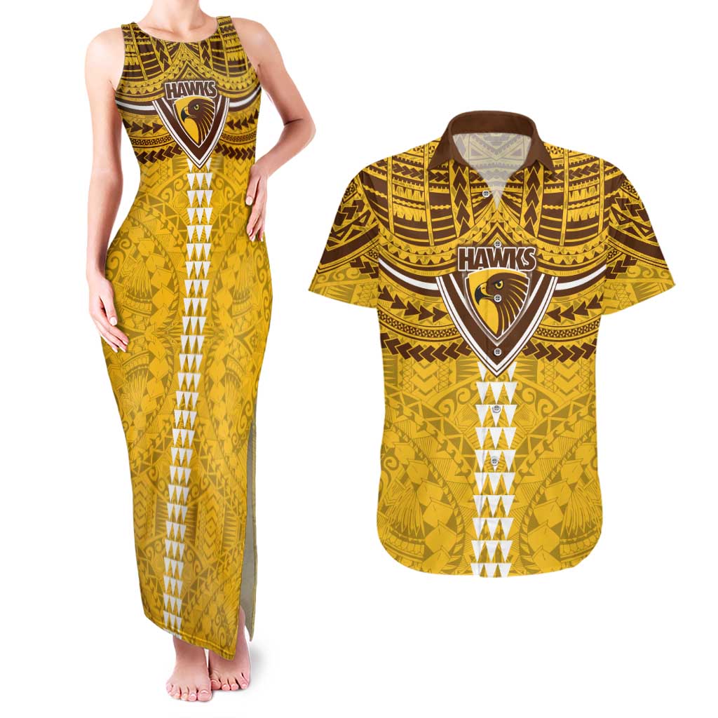 Personalized Hawthorn Hawks Couples Matching Tank Maxi Dress and Hawaiian Shirt Polynesian Tribal Pattern Heritage Football