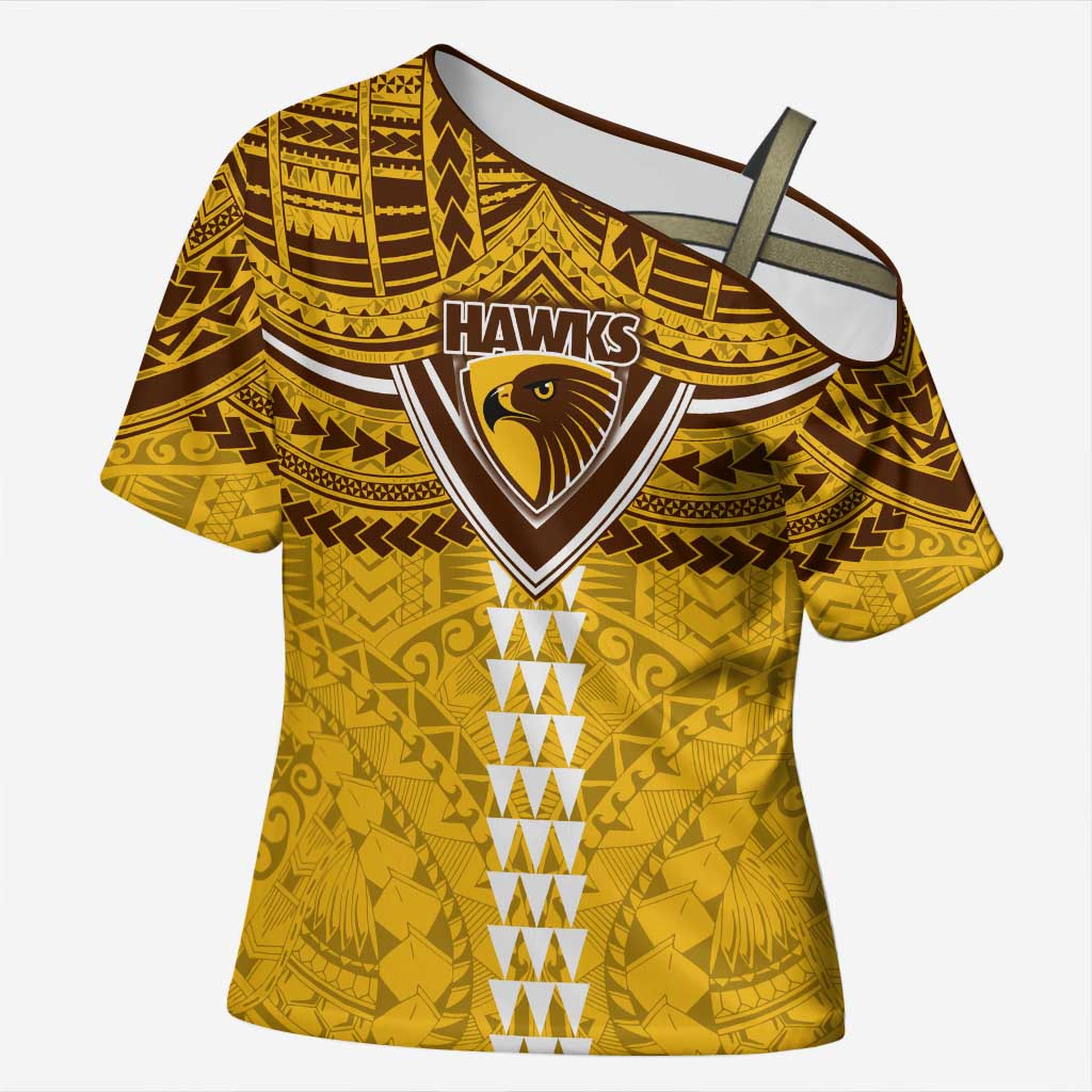 Personalized Hawthorn Hawks Cross Shoulder Shirt Polynesian Tribal Pattern Heritage Football