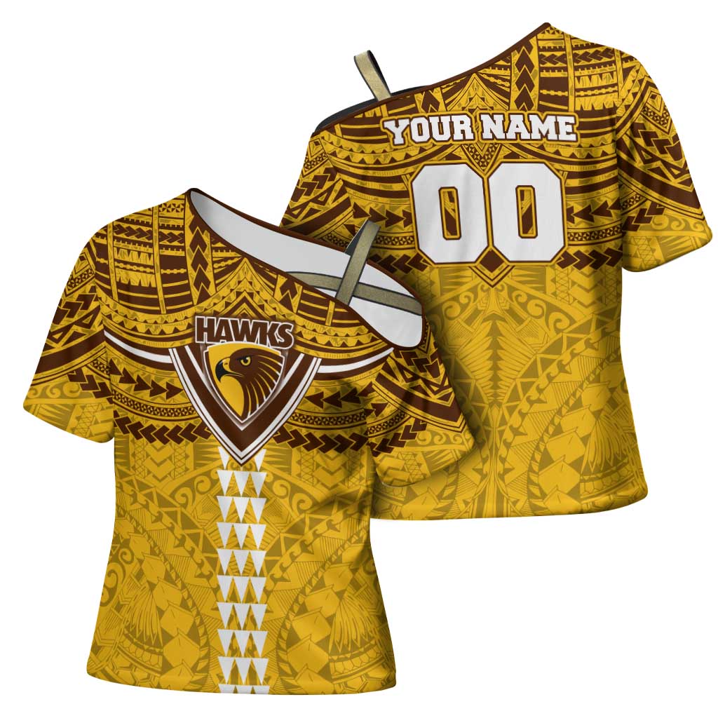 Personalized Hawthorn Hawks Cross Shoulder Shirt Polynesian Tribal Pattern Heritage Football