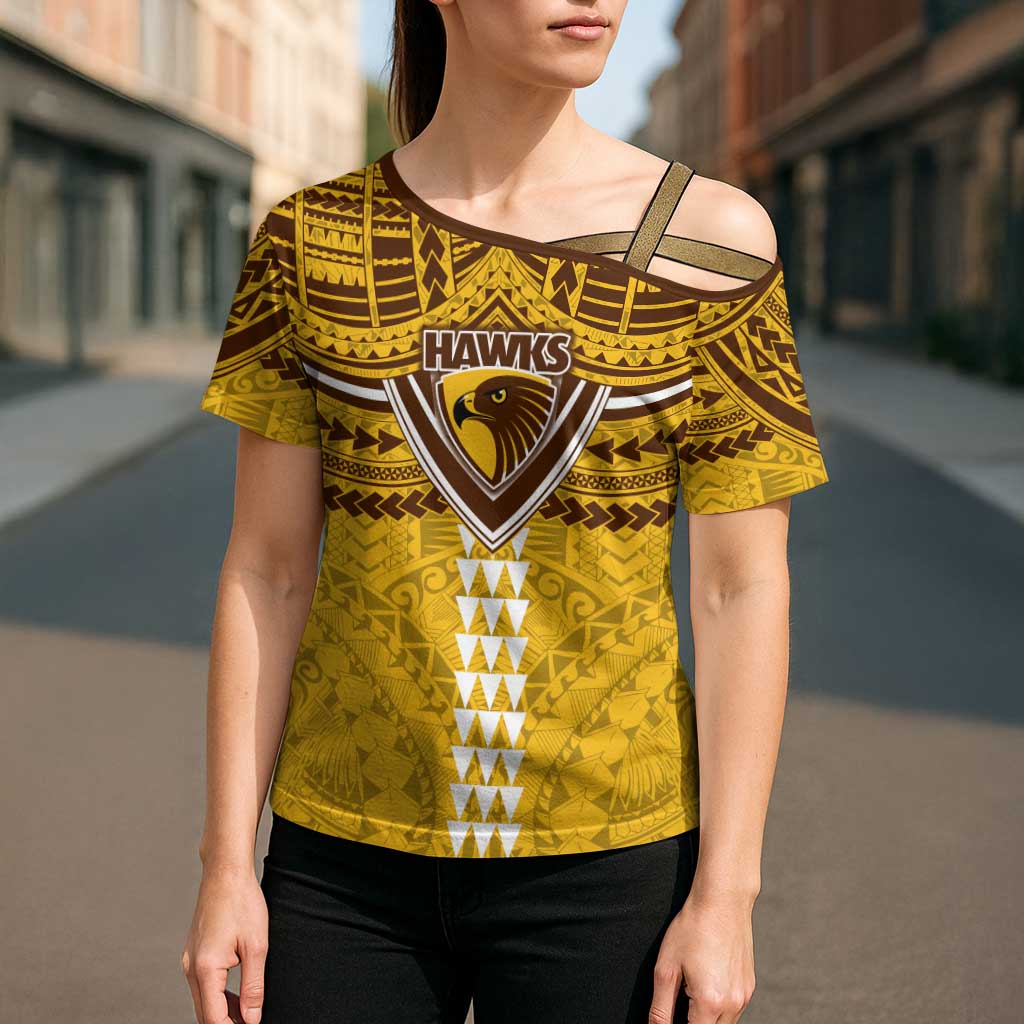 Personalized Hawthorn Hawks Cross Shoulder Shirt Polynesian Tribal Pattern Heritage Football