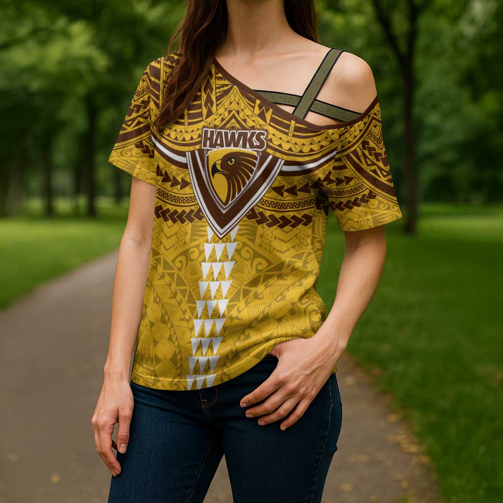 Personalized Hawthorn Hawks Cross Shoulder Shirt Polynesian Tribal Pattern Heritage Football