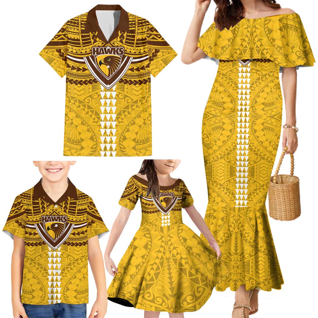 Personalized Hawthorn Hawks Family Matching Mermaid Dress and Hawaiian Shirt Polynesian Tribal Pattern Heritage Football
