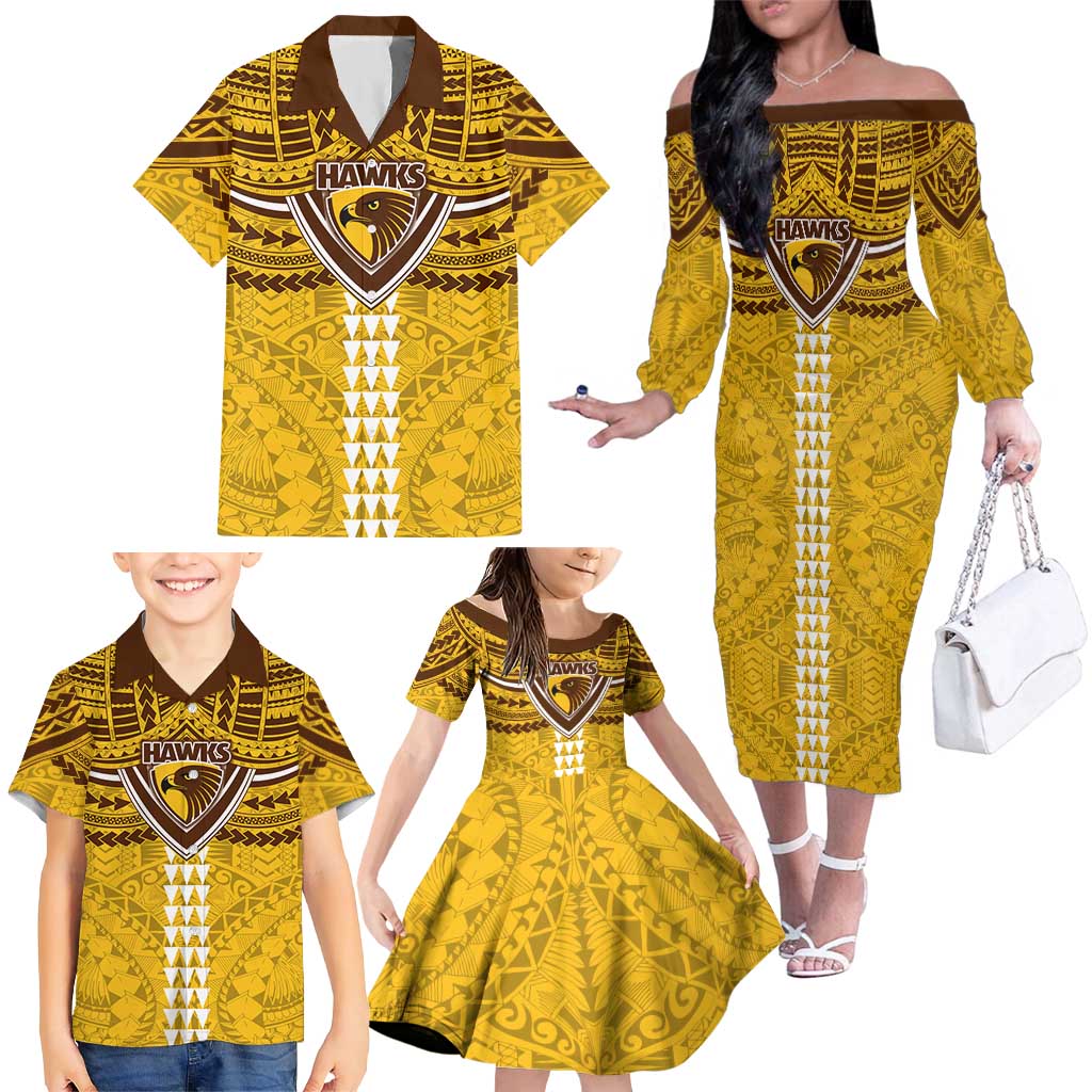 Personalized Hawthorn Hawks Family Matching Off The Shoulder Long Sleeve Dress and Hawaiian Shirt Polynesian Tribal Pattern Heritage Football