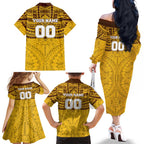 Personalized Hawthorn Hawks Family Matching Off The Shoulder Long Sleeve Dress and Hawaiian Shirt Polynesian Tribal Pattern Heritage Football