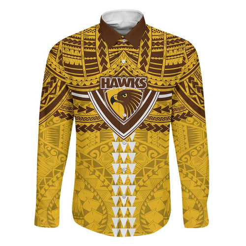 Personalized Hawthorn Hawks Family Matching Off The Shoulder Long Sleeve Dress and Hawaiian Shirt Polynesian Tribal Pattern Heritage Football