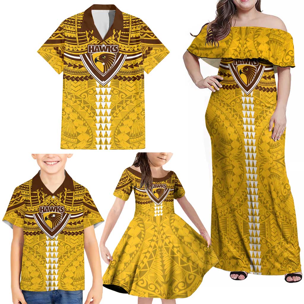 Personalized Hawthorn Hawks Family Matching Off Shoulder Maxi Dress and Hawaiian Shirt Polynesian Tribal Pattern Heritage Football