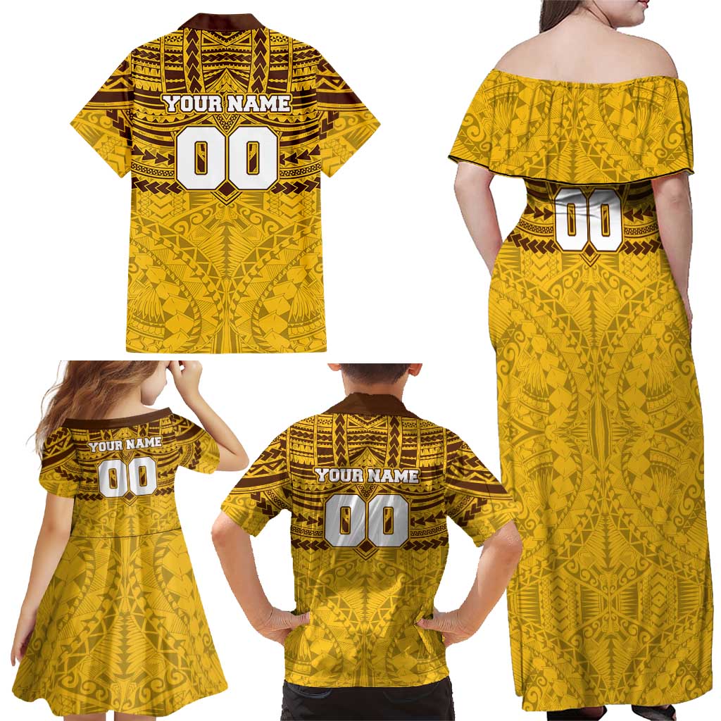 Personalized Hawthorn Hawks Family Matching Off Shoulder Maxi Dress and Hawaiian Shirt Polynesian Tribal Pattern Heritage Football