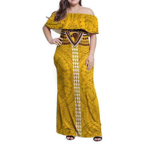 Personalized Hawthorn Hawks Family Matching Off Shoulder Maxi Dress and Hawaiian Shirt Polynesian Tribal Pattern Heritage Football