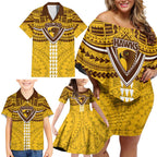 Personalized Hawthorn Hawks Family Matching Off Shoulder Short Dress and Hawaiian Shirt Polynesian Tribal Pattern Heritage Football