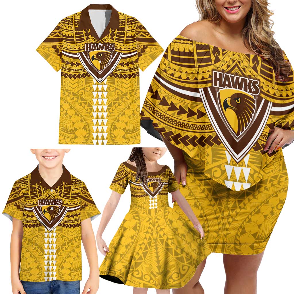 Personalized Hawthorn Hawks Family Matching Off Shoulder Short Dress and Hawaiian Shirt Polynesian Tribal Pattern Heritage Football