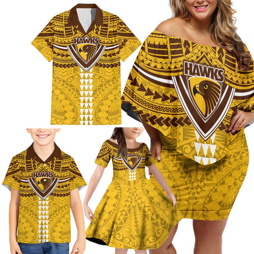 Personalized Hawthorn Hawks Family Matching Off Shoulder Short Dress and Hawaiian Shirt Polynesian Tribal Pattern Heritage Football