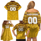 Personalized Hawthorn Hawks Family Matching Off Shoulder Short Dress and Hawaiian Shirt Polynesian Tribal Pattern Heritage Football