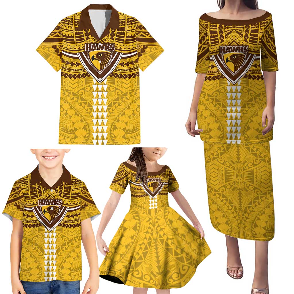 Personalized Hawthorn Hawks Family Matching Puletasi and Hawaiian Shirt Polynesian Tribal Pattern Heritage Football