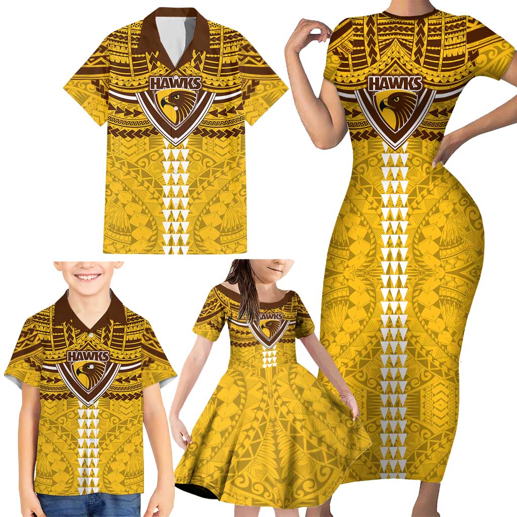 Personalized Hawthorn Hawks Family Matching Short Sleeve Bodycon Dress and Hawaiian Shirt Polynesian Tribal Pattern Heritage Football