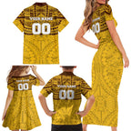 Personalized Hawthorn Hawks Family Matching Short Sleeve Bodycon Dress and Hawaiian Shirt Polynesian Tribal Pattern Heritage Football