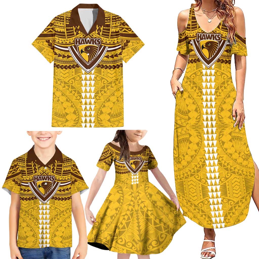 Personalized Hawthorn Hawks Family Matching Summer Maxi Dress and Hawaiian Shirt Polynesian Tribal Pattern Heritage Football