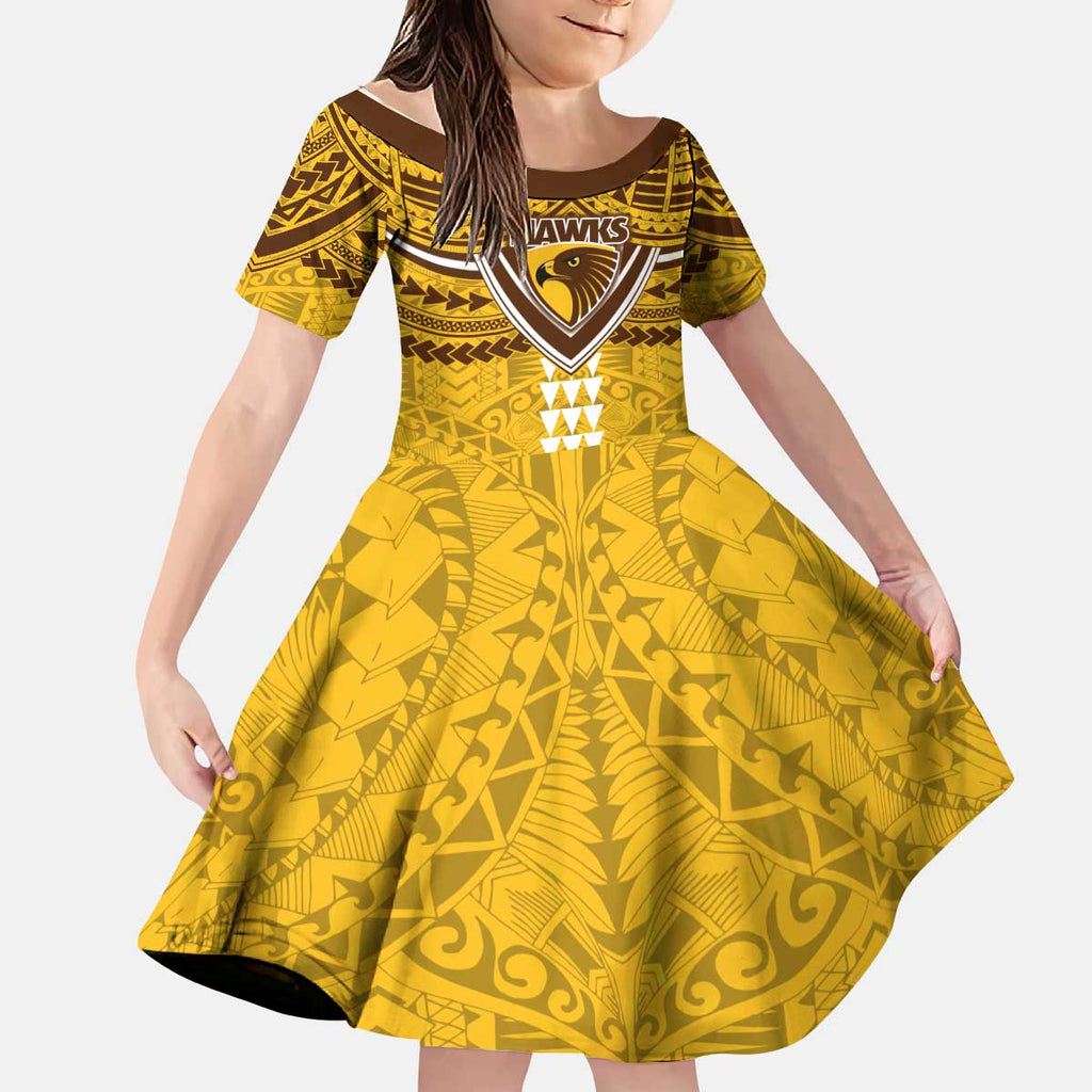 Personalized Hawthorn Hawks Kid Short Sleeve Dress Polynesian Tribal Pattern Heritage Football