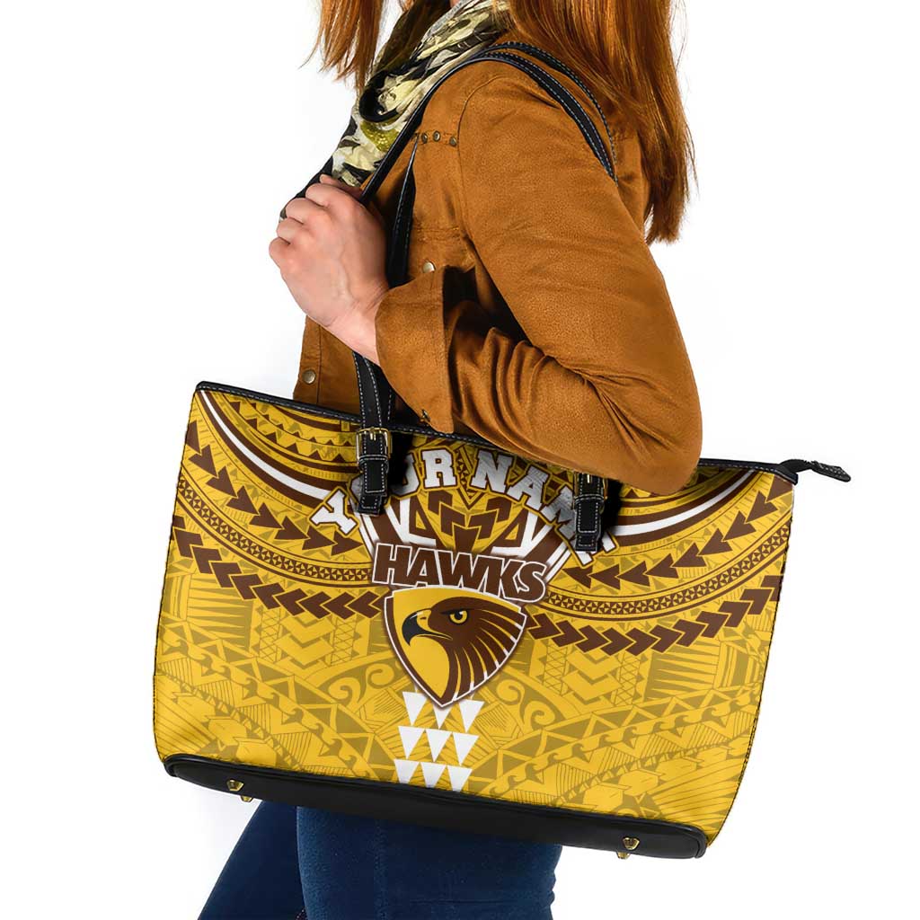 Personalized Hawthorn Hawks Leather Tote Bag Polynesian Tribal Pattern Heritage Football
