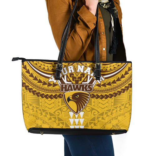 Personalized Hawthorn Hawks Leather Tote Bag Polynesian Tribal Pattern Heritage Football