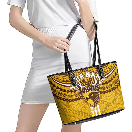 Personalized Hawthorn Hawks Leather Tote Bag Polynesian Tribal Pattern Heritage Football