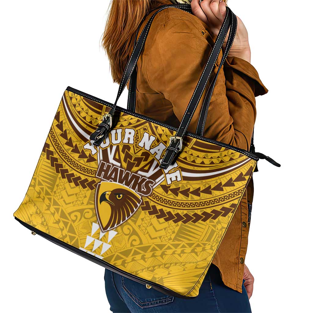 Personalized Hawthorn Hawks Leather Tote Bag Polynesian Tribal Pattern Heritage Football