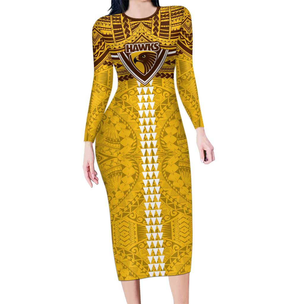 Personalized Hawthorn Hawks Long Sleeve Bodycon Dress Polynesian Tribal Pattern Heritage Football