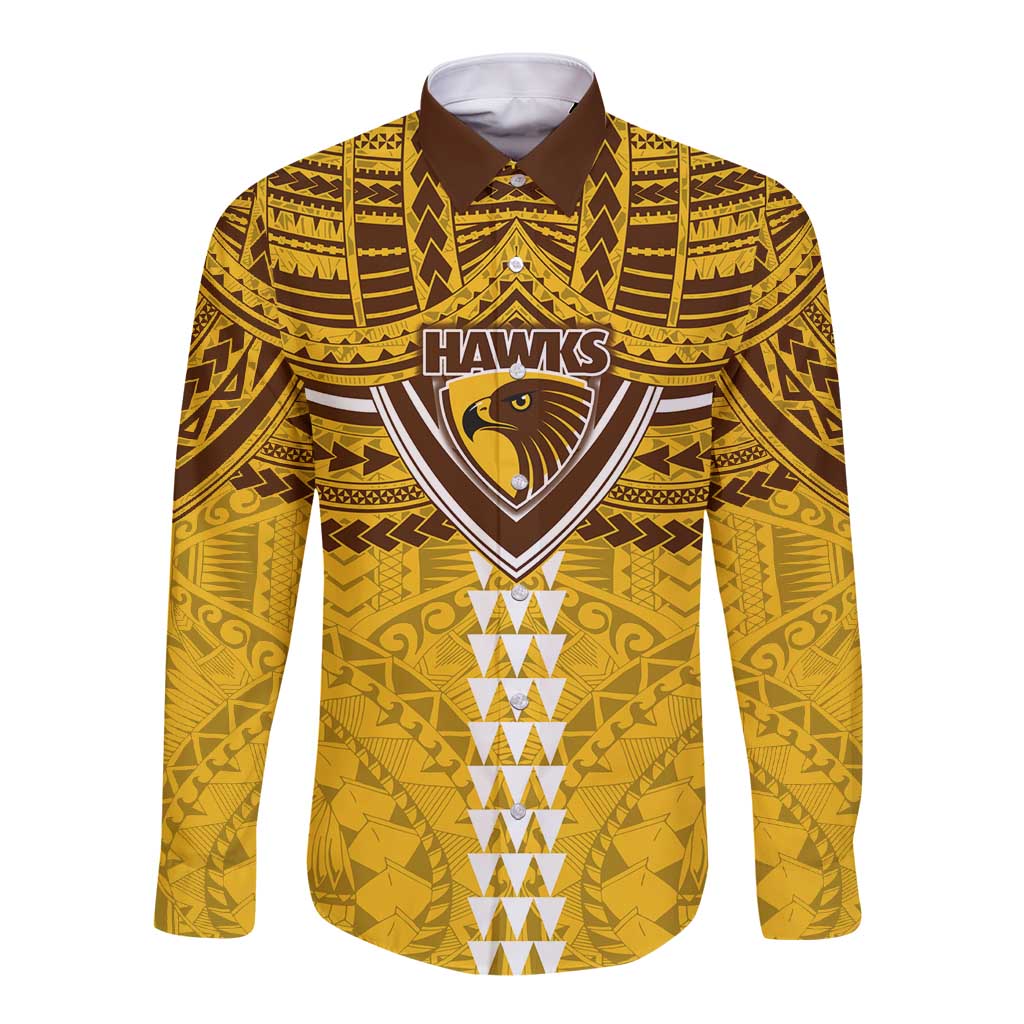 Personalized Hawthorn Hawks Long Sleeve Button Shirt Polynesian Tribal Pattern Heritage Football