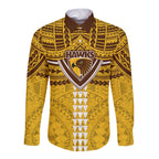 Personalized Hawthorn Hawks Long Sleeve Button Shirt Polynesian Tribal Pattern Heritage Football