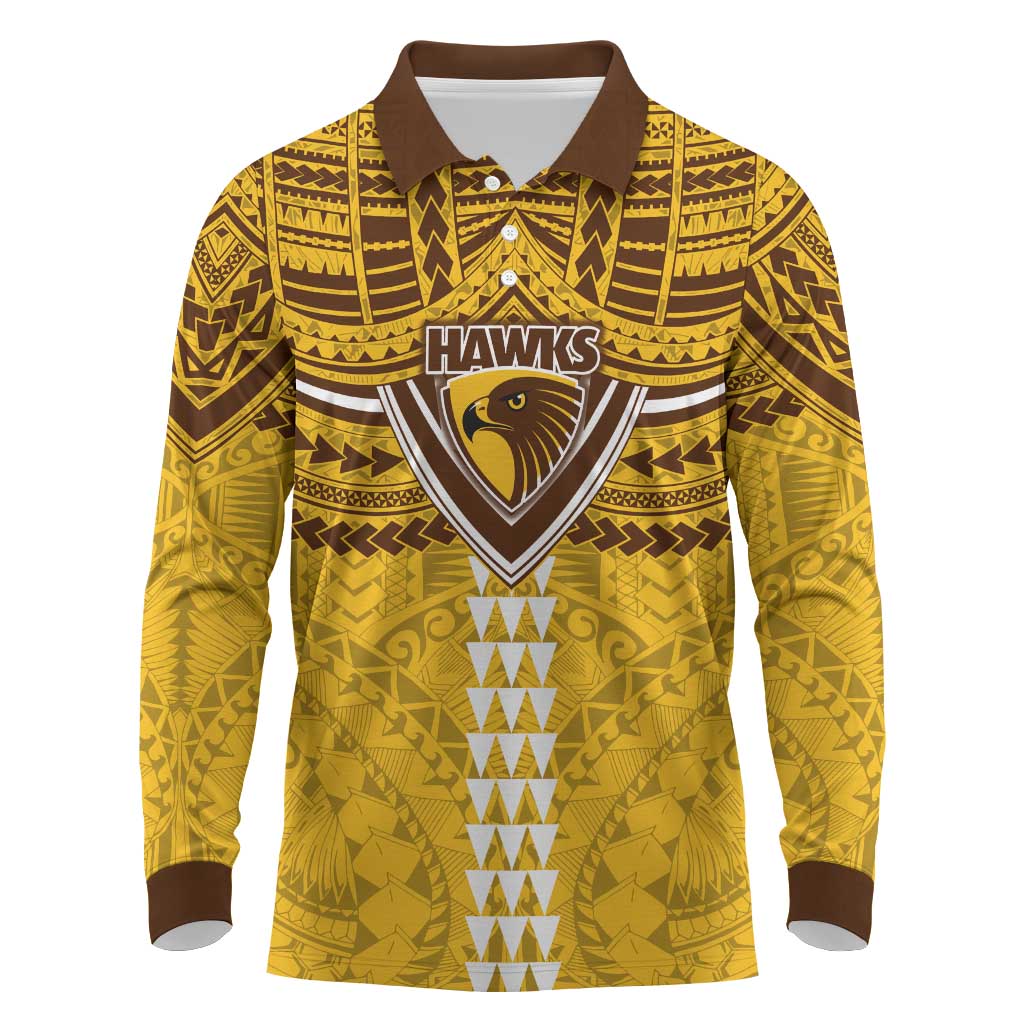 Personalized Hawthorn Hawks Long Sleeve Polo Shirt Polynesian Tribal Pattern Heritage Football