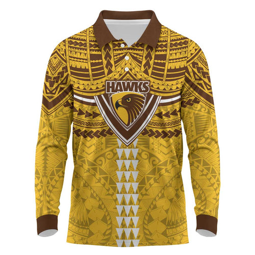 Personalized Hawthorn Hawks Long Sleeve Polo Shirt Polynesian Tribal Pattern Heritage Football