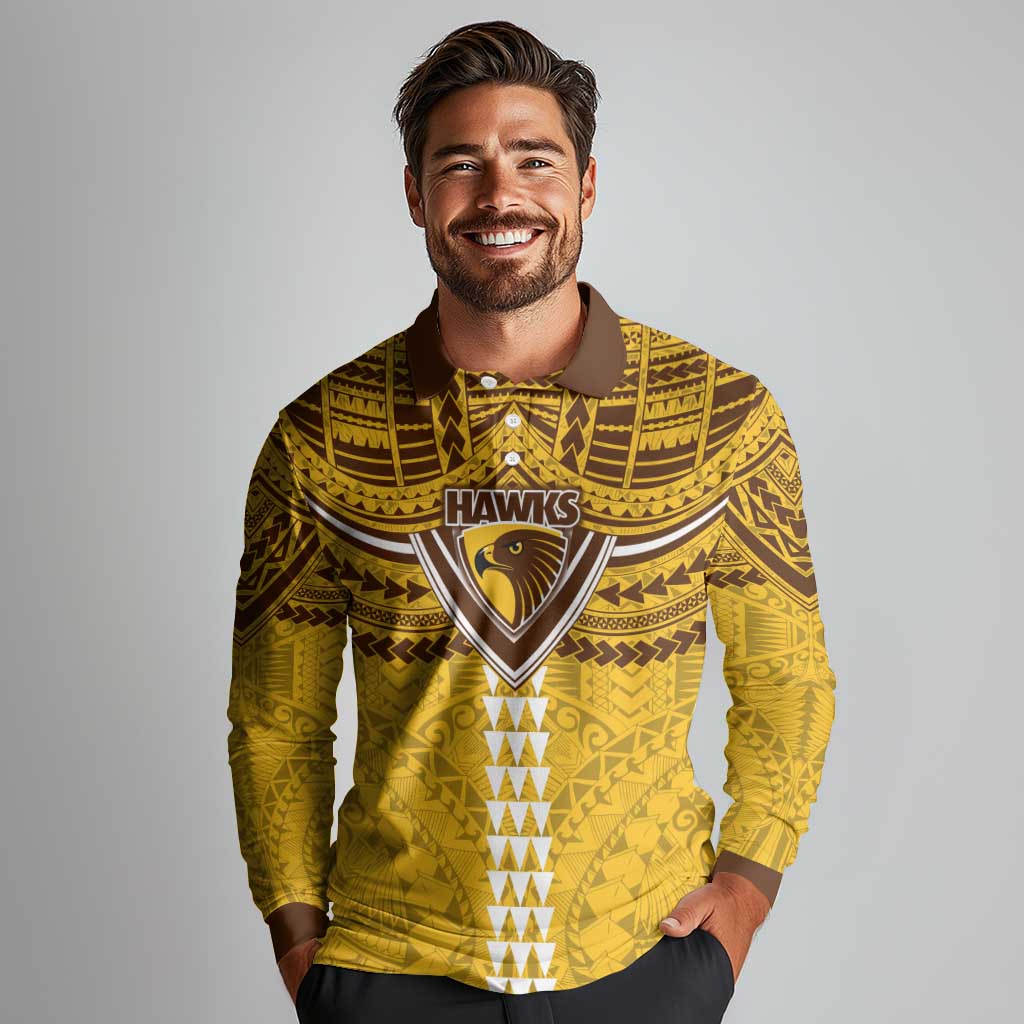 Personalized Hawthorn Hawks Long Sleeve Polo Shirt Polynesian Tribal Pattern Heritage Football
