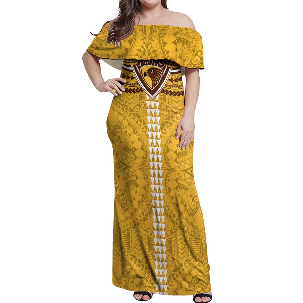 Personalized Hawthorn Hawks Off Shoulder Maxi Dress Polynesian Tribal Pattern Heritage Football