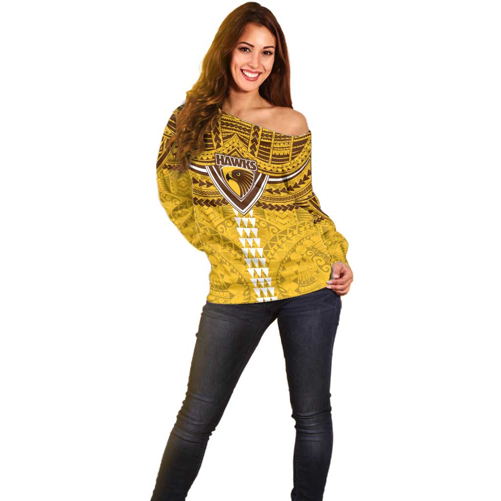 Personalized Hawthorn Hawks Off Shoulder Sweater Polynesian Tribal Pattern Heritage Football