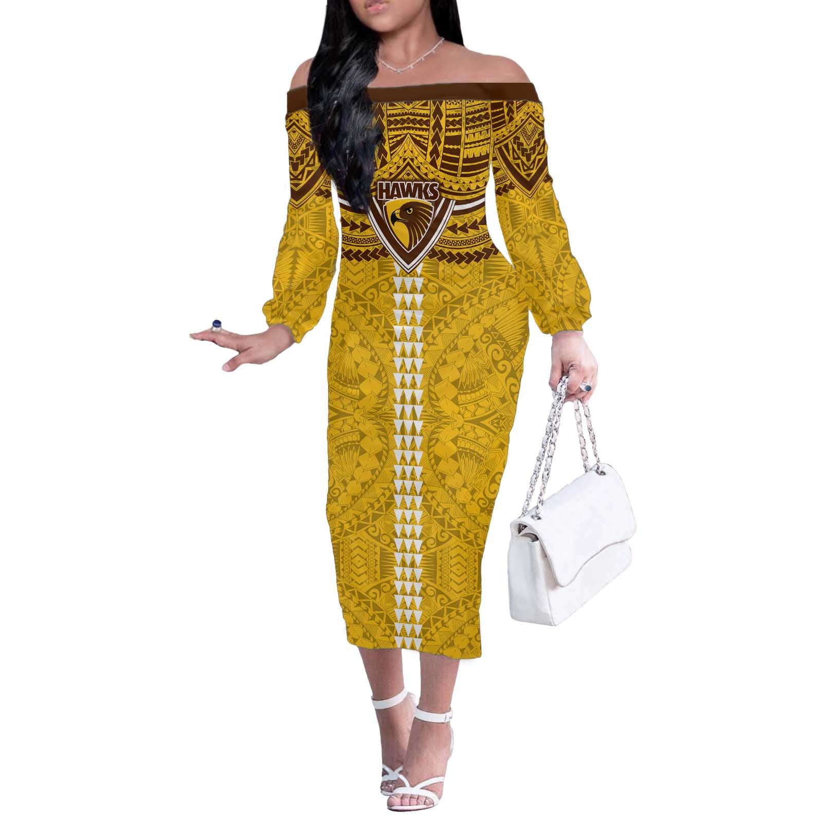 Personalized Hawthorn Hawks Off The Shoulder Long Sleeve Dress Polynesian Tribal Pattern Heritage Football