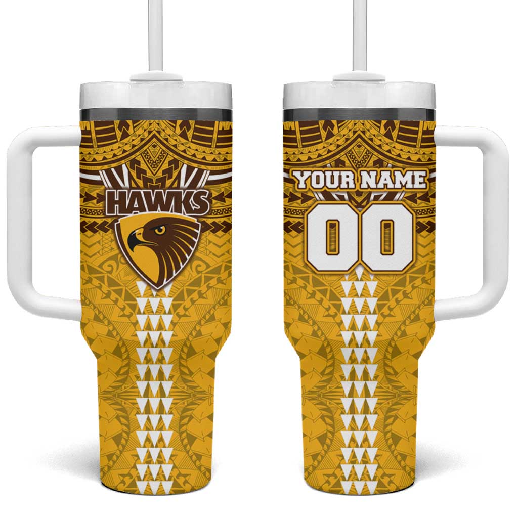 Personalized Hawthorn Hawks Tumbler With Handle Polynesian Tribal Pattern Heritage Football