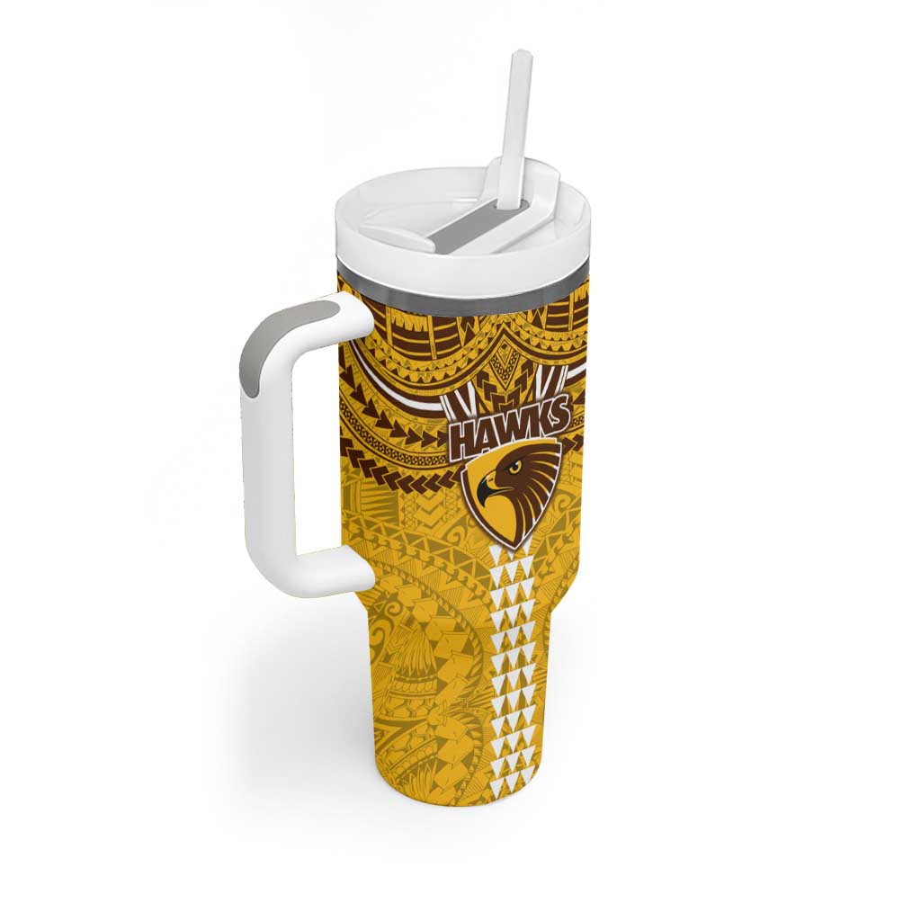 Personalized Hawthorn Hawks Tumbler With Handle Polynesian Tribal Pattern Heritage Football