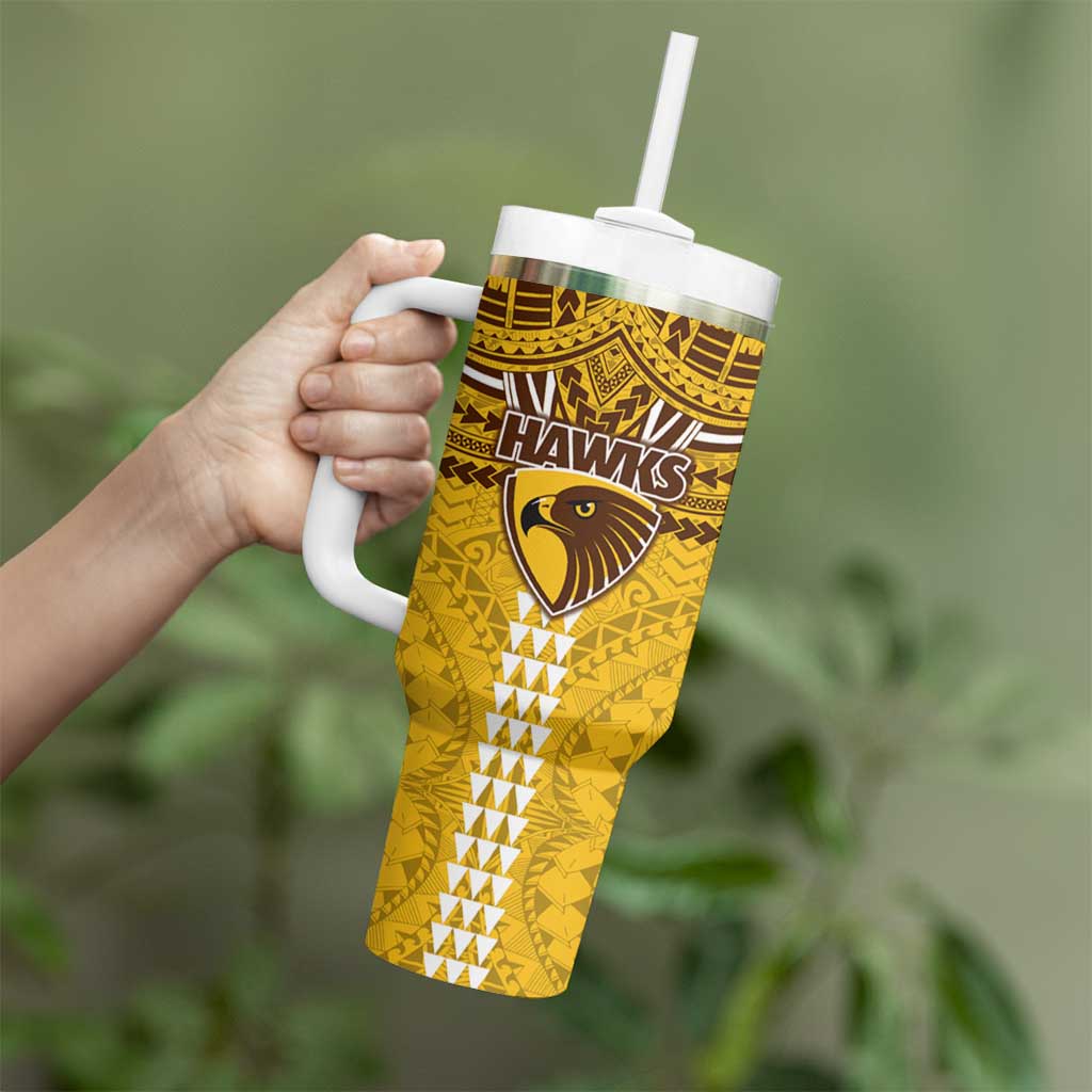 Personalized Hawthorn Hawks Tumbler With Handle Polynesian Tribal Pattern Heritage Football